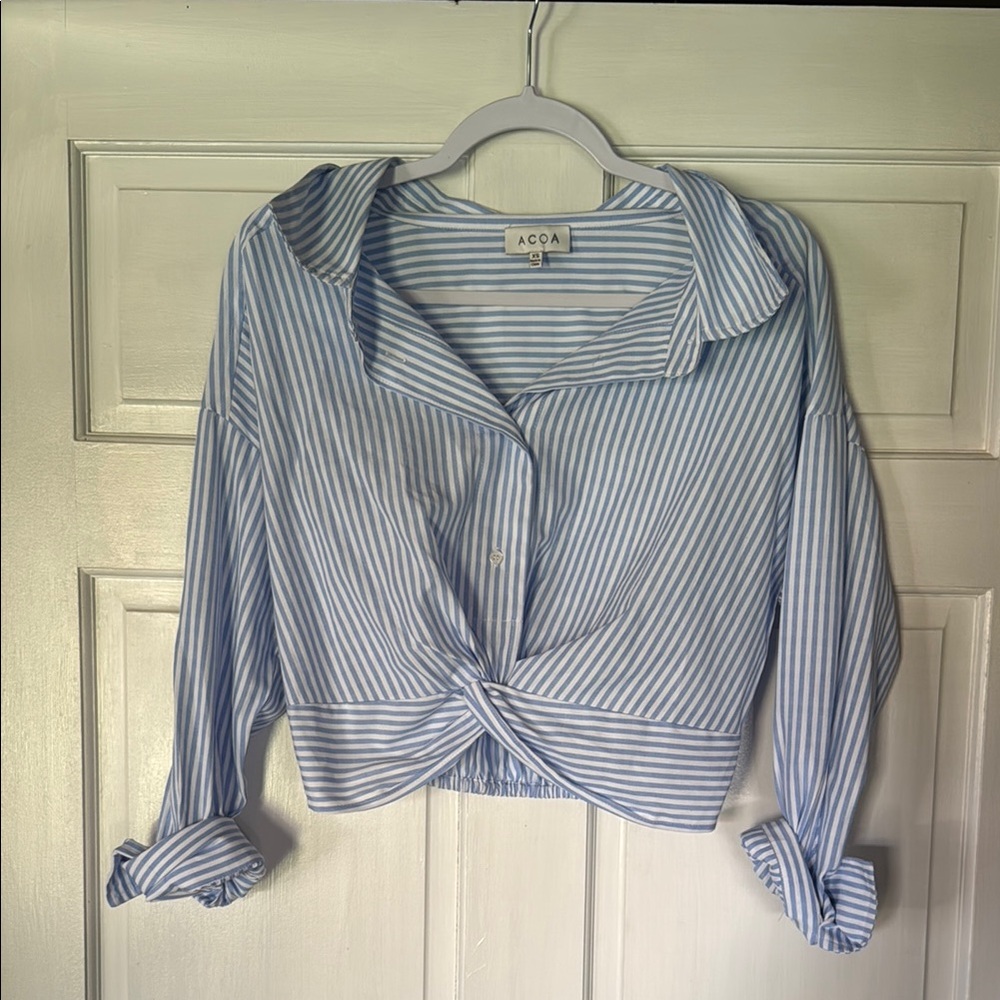 Blue and White Cuffed Sleeve Crop Button Down Shirt